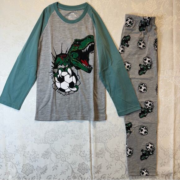 Kids Dinosaur Pajama Set Soccer Dino Print Green & Gray Size 6Y - Picture 2 of 7